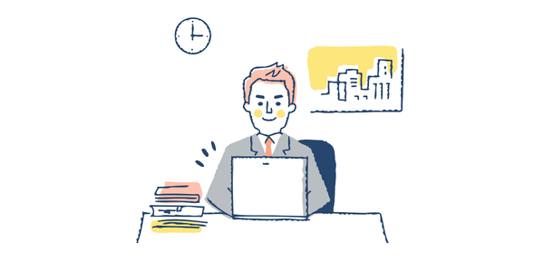 パソコンに向かって笑顔で作業している男性のイラスト(Webサイト構築のイメージ)