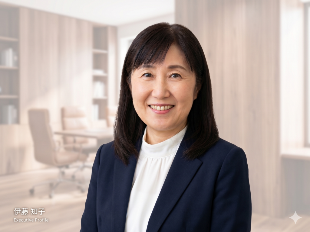 明るいオフィスの会議室を背景にした、紺色のスーツを着た伊藤知子のプロフィール写